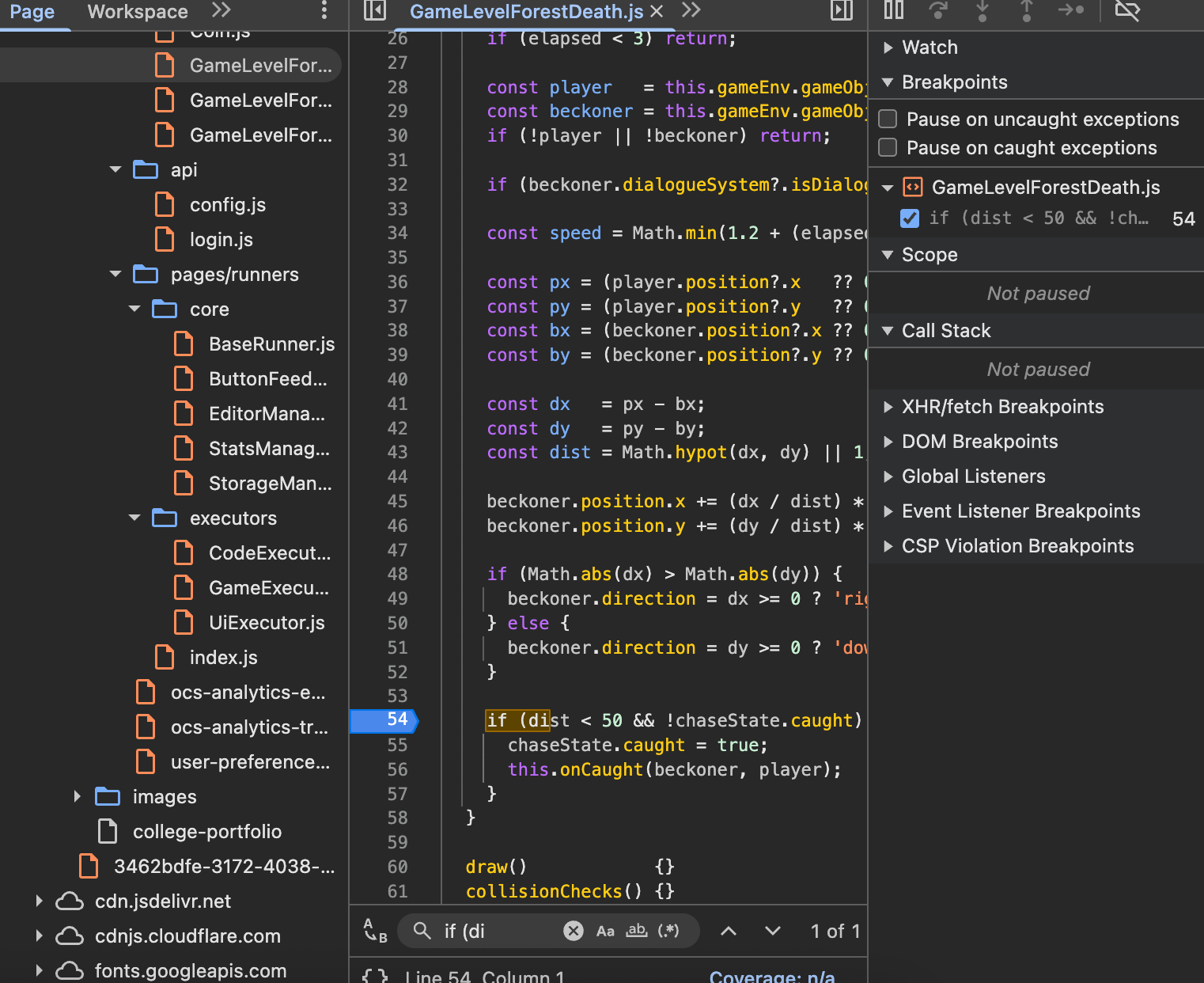 Breakpoint set on line 54 of GameLevelForestDeath.js in Chrome DevTools