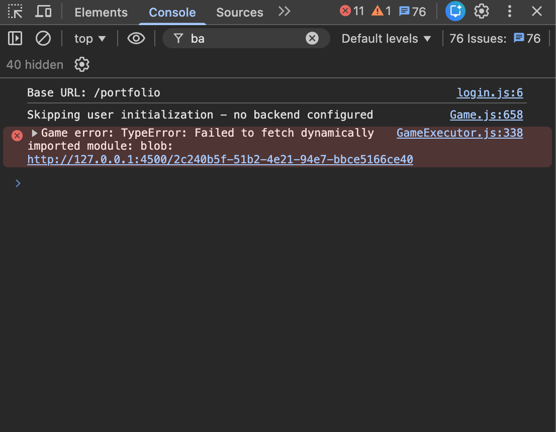 Chrome DevTools console showing a failed dynamic import error